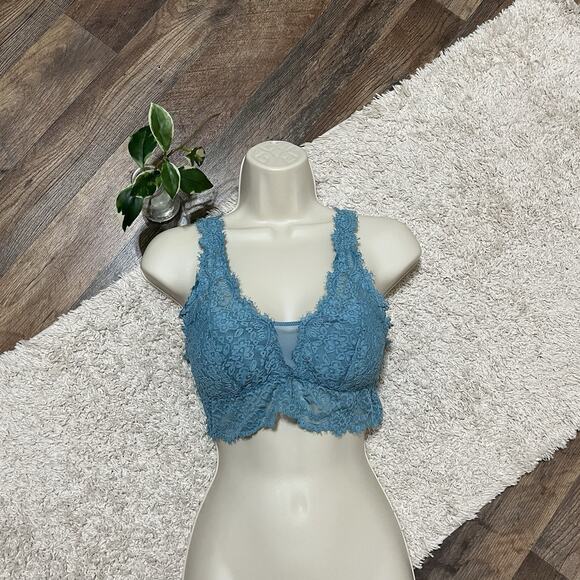 Aerie Teal Blue Eyelash Lace Mesh Wireless Padded Plunge J-Hook Bralette - Picture 1 of 6